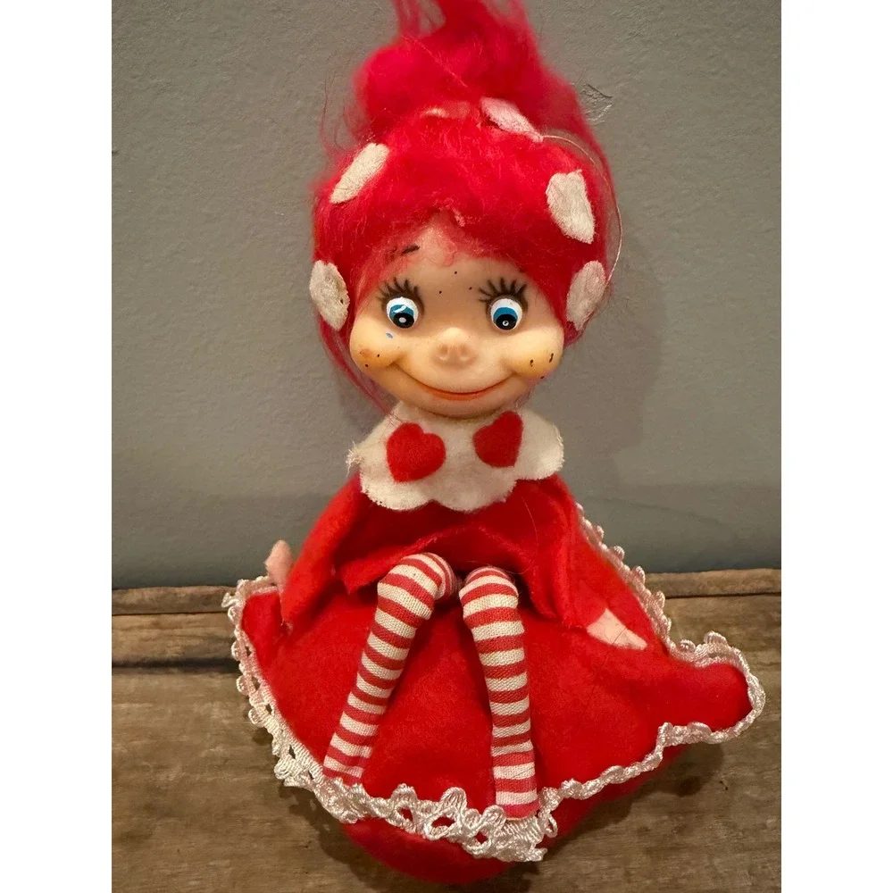 Vintage 60's Red White Felt Pixie Elf Doll Japan Valentine Heart Christmas 6